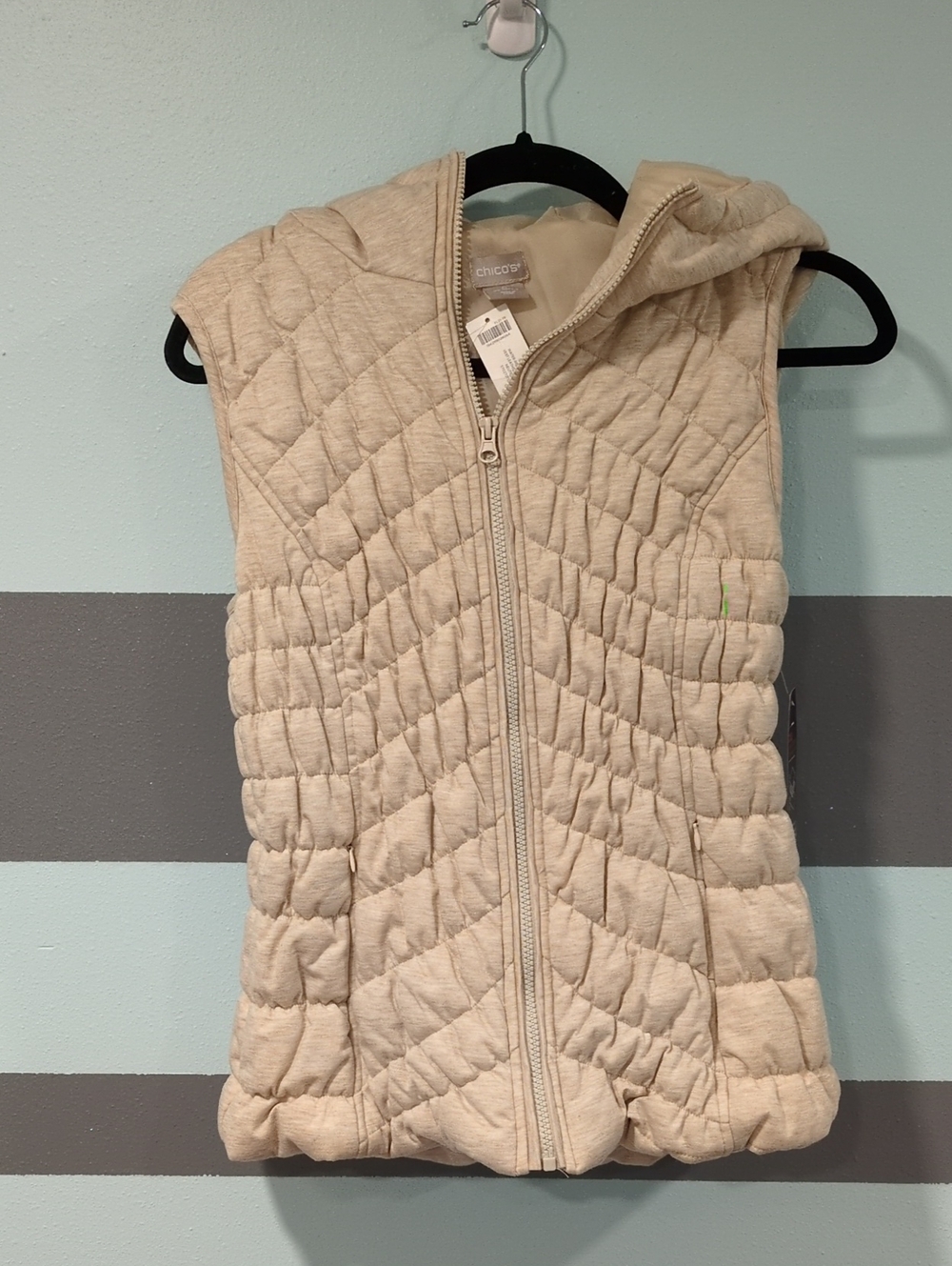 Chico's Quilted Hooded Sleeveless Vest in Beige